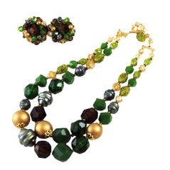 Green Lucite Double Strand Necklace & Earrings - NWT Germany