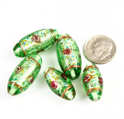 German Peridot Green Confetti Lampwork Ovals