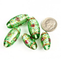 Green Glass Confetti Lamp Work Oval Beads- 3 beads 26mm