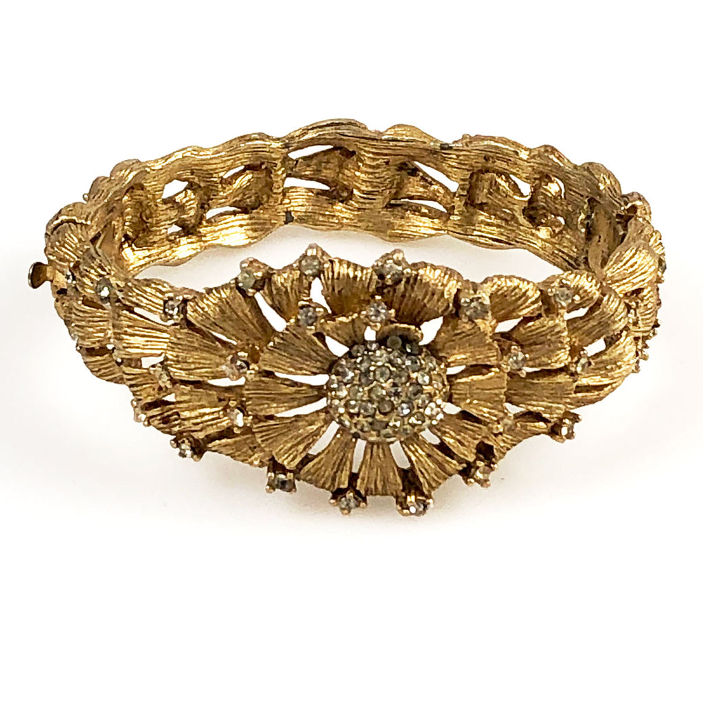 Gold Rhinestone Hinged Bracelet with Floral Design