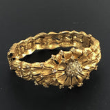 Gold Rhinestone Hinged Bracelet with Floral Design