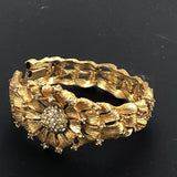 Gold Rhinestone Hinged Bracelet with Floral Design