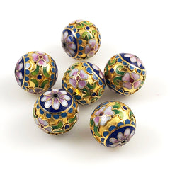 Gold Cloisonne Round Beads 20mm Chinese Enamel Floral Large Vintage