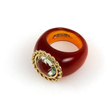 Prasiolite Gold Amber Glass Ring Size 5