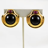 14K Gold Large Black Onyx Ruby Clip On Earrings