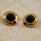 14K Gold Large Black Onyx Ruby Clip On Earrings