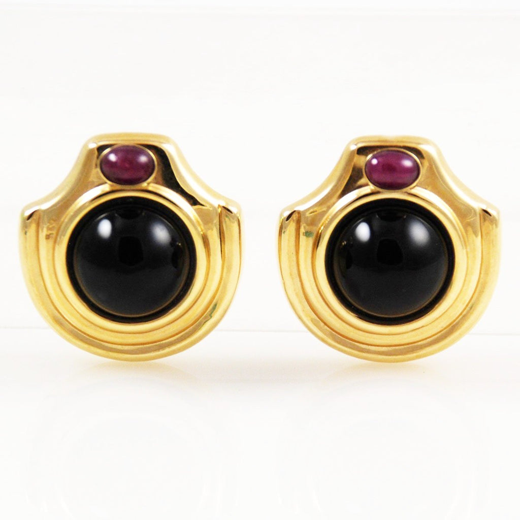 14K Gold Large Black Onyx Ruby Clip On Earrings