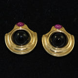 14K Gold Designer Black Onyx Ruby Clip On Earrings