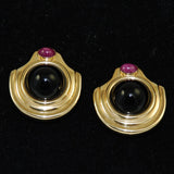 14K Gold Large Black Onyx Ruby Clip On Earrings