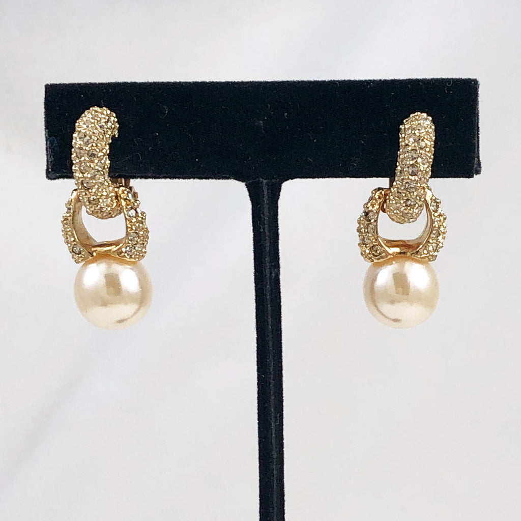 Elegant Pave Rhinestone & Pearl Clip On Earrings