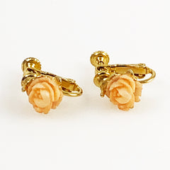 Goldette Coral Carved Floral Earrings Screwbacks