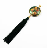 Cloisonne Green Tassel Pendant With Roosters Vintage Chinese