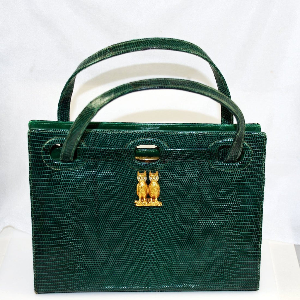 Martin Van Schaak Green Lizard Purse Hand Bag Owls