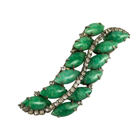 Art Deco Faux Jade Rhinestone Brooch