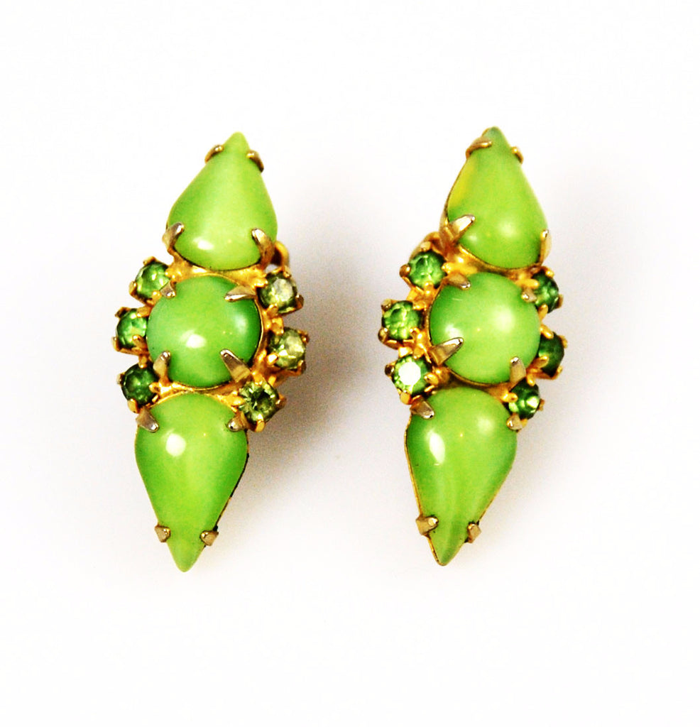 Lime Green Rhinestone Clip On Earrings 