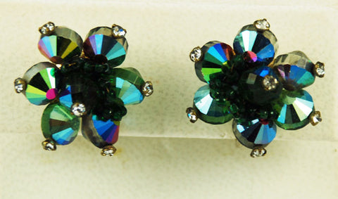 Vendome Green Rhinestone Clip On Earrings 1960's Vintage