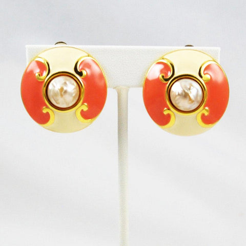 Carolina Herrera Coral Enamel Earrings Clip Ons