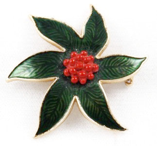 Green & Red Holly Brooch Vintage Floral Holiday