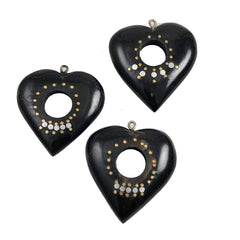 Black Horn Open Heart Pendants With silver Inlays Vintage