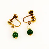 Jade and Pearl Earrings Gold Screwbacks