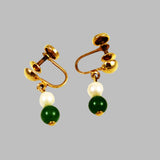 Jade and Pearl Earrings Gold Screwbacks