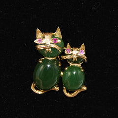 Jade and 14K Gold Cat Brooch Vintage