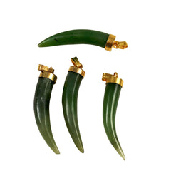 Green Jade Tusk Horn Pendants Gold Bails - Lucky Amulets