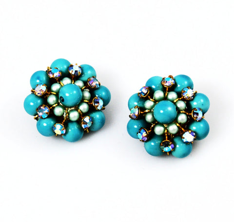 Kramer Turquoise & Rhinestone Earrings Clip On