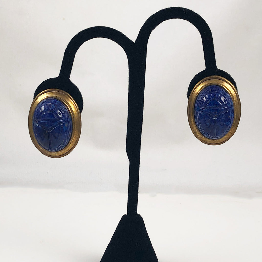 Lapis Glass Scarab Clip On Earrings