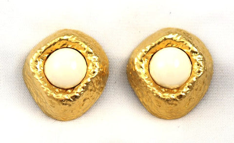 Les Bernard White and Gold Large Clip On Earrings Vintage