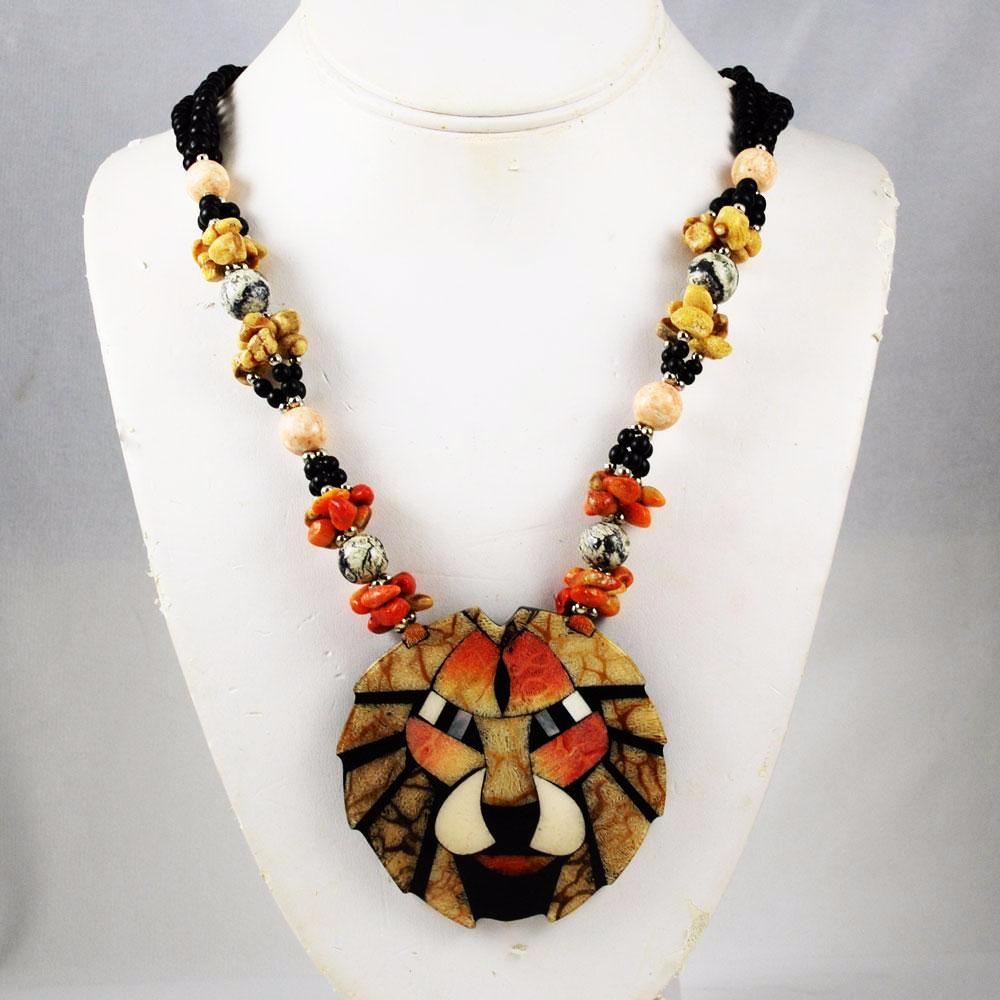 Coral Mosaic Lion Pendant Necklace Vintage