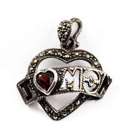 Sterling & Garnet Marcasite Mom Heart Charm 