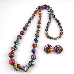 Italian Millefiori Graduated Bead Necklace & Earring Set Vintage