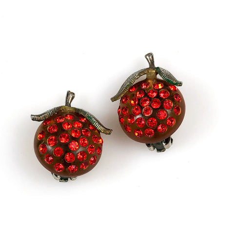 Rhinestone Orange Fruit Earrings Clip On Vintage