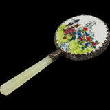 Oriental Painted Porcelain Hand Mirror with Geisha Girl Scene 