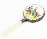 Oriental Painted Porcelain Hand Mirror with Geisha Girl Scene 