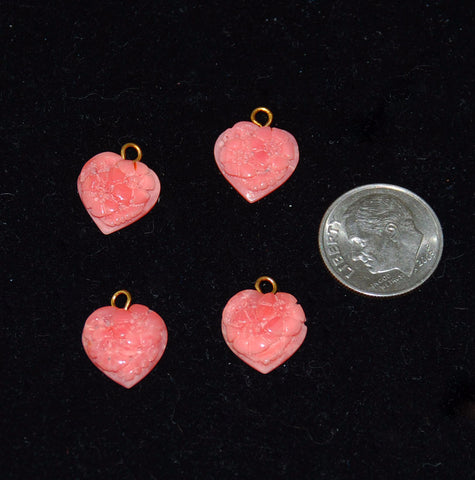 Dark Pink Carved Coral Heart Charms Pendants Floral