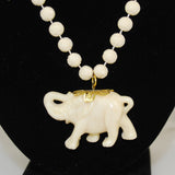 Plastic Ivory Elephant and Rose Bead Necklace Vintage