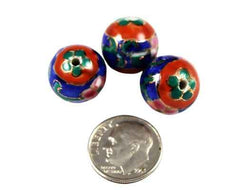 Red Blue Floral Porcelain & Enamel Beads NOS