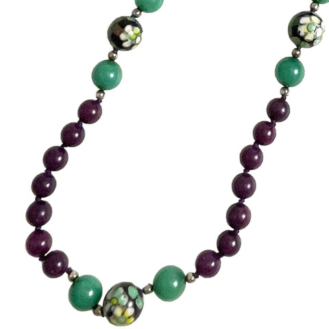 C 1946 signed Purple and Silvertone Beaded Necklace with Polished - Ruby  Lane