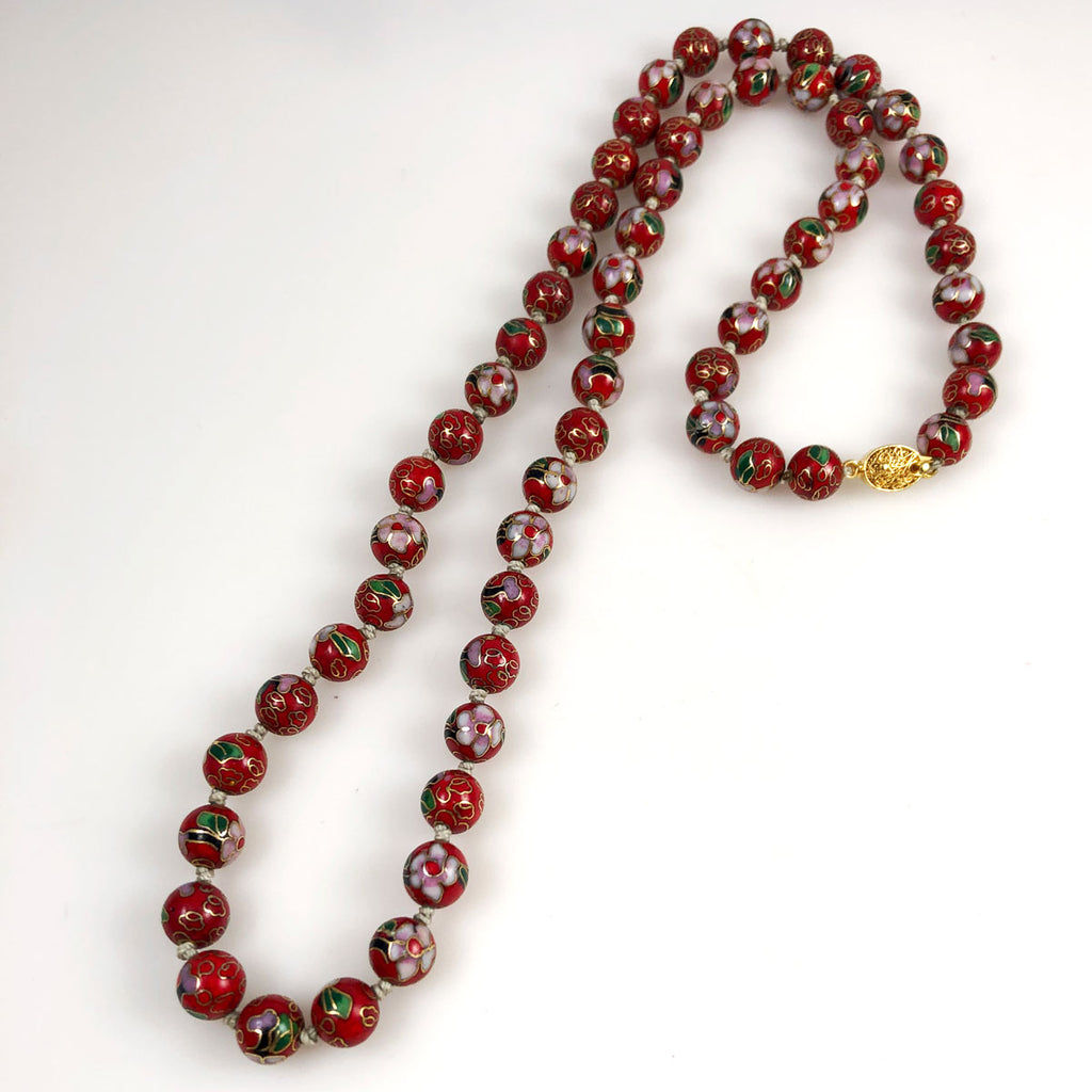 Red Cloisonne Beaded Necklace Vintage