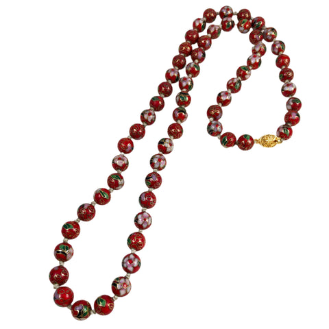 Red Cloisonne Beaded Necklace Vintage