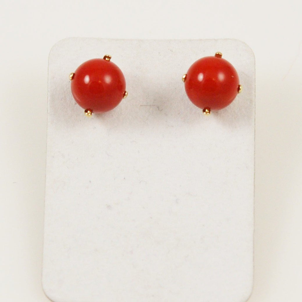 Italian Red Coral 8mm Earrings 14K Gold Posts