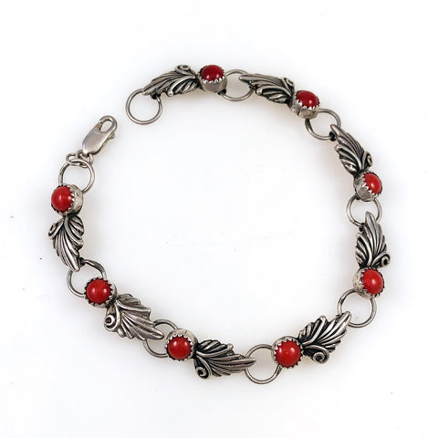 Sterling Silver Red Coral Link Bracelet