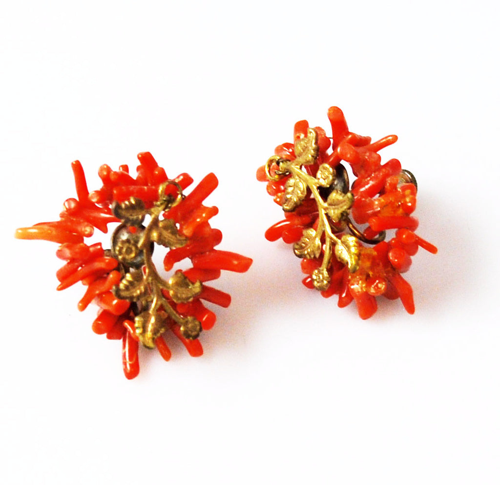 Victorian Branch Coral Earrings with Gilt Leaves