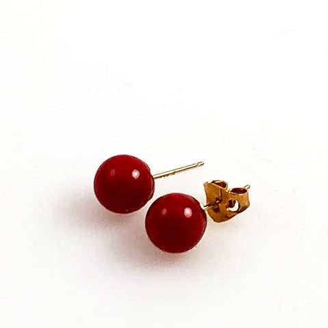 Italian Red Coral Button Earrings 14Kt 
