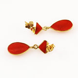 Italian Red Coral Tear Drop Earrings 18Kt Gold