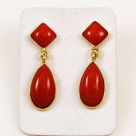 Italian Red Coral Tear Drop Earrings 18Kt Gold