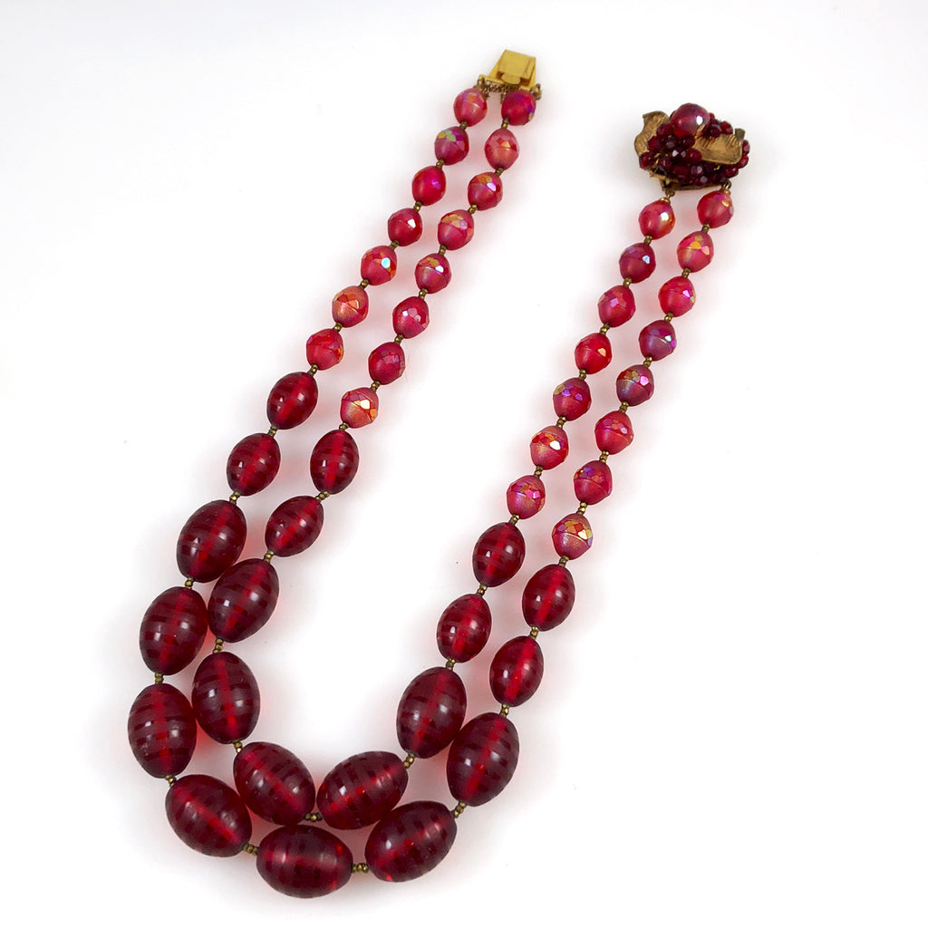 Vintage Red Glass Double Strand Bead Necklace