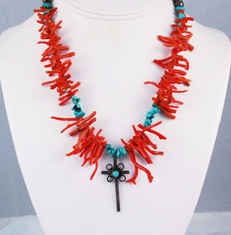 Native American Red Coral & Turquoise Cross Necklace